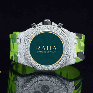Bracelet de montre de luxe pour homme en acier inoxydable avec boucle diamantée 20 mm, motif camouflage vert et noir, mouvement à quartz, moissanite et saphir - Product Image 4