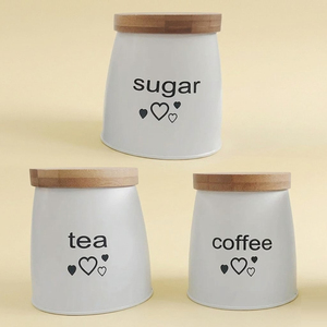 Modern Minimalist White Ceramic Kitchen Canister Set With Airtight Bamboo Lids 3-Piece <b>Labeled</b> Tea Coffee And Sugar Storage - Product Image 1