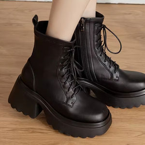 Botas de plataforma para mujer con tacón grueso de 8.5 cm y cordones, botas de invierno - Product Image 1