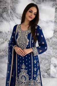 Ensemble de luxe en soie bleue Georgette, broderie Zari lourde, Kurta droite, Gharara, Salwar Kameez modeste indien pakistanais - Product Image 3