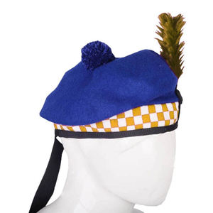 หมวกทรงบัลมอรัลขนสัตว์แท้สีน้ำเงินทอง  แบบสก็อตติชคิลท์  ประดับพู่ขนนก  รับทำโลโก้ตามสั่ง  OEM ODM - Product Image 1