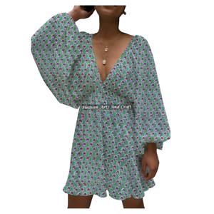 เสื้อผ้าผู้หญิงคุณภาพสูงสไตล์ยุโรปและอเมริกา ชุดเดรสผ้าฝ้ายพิมพ์ลายบล็อกหลากสีแบบแฮนด์เมด คอวีลึก ทรงโคมไฟ - Product Image 4