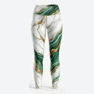 Leggings taille haute pour femmes, longueur intégrale, imprimé marbré vert et or, tricot extensible, style sportif, toutes saisons, spandex, polyester - Product Image 1