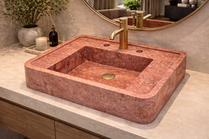 Red Travertine Stone Modern Eco-Friendly Handmade Bathroom Sink and <b>Basin</b> for Hotel and Home Decor - Product Image 3