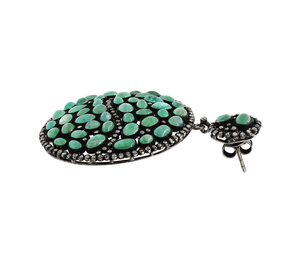 Boucles d'oreilles pendantes rondes en argent sterling 925 oxydé avec émeraude naturelle cabochon et diamant, collection Memoria Jewels - Product Image 5