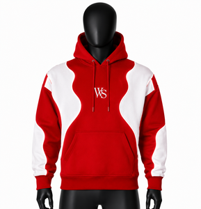 เสื้อฮู้ดซิปสีแดงขาว บล็อกสี ดีไซน์ลำลองสำหรับผู้ชาย ผ้าฟลีซ 100% คอตตอน ทรงโอเวอร์ไซส์  โลโก้ที่คอหลัง ดีไซน์กระเป๋า - Product Image 1