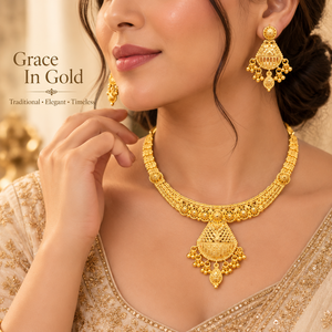 Graceful Necklace Earrings <b>Set</b> for Women | Indian <b>Bridal</b> Party Wear <b>Jewelry</b> | 24K Gold Finish Copper Brass Designer Necklace <b>set</b> - Product Image 4