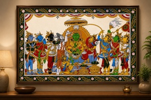 Peinture artisanale Pattachitra du Seigneur Krishna et des Gopis - Origine Odra - Décoration murale pour salon intérieur - Product Image 1