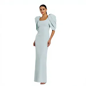 Vestido Maxi Elegante y Sencillo sin Mangas con Cuello Alto, Fruncido, Largo, Azul Suave, Corte A, Ajustado, con Sujetador Incorporado, de Crepé - Product Image 1