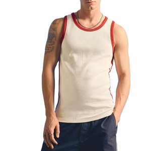 <b>Men's</b> Ribbed Sleeveless Tank Top Cream <b>Red</b> Trim O-Neck Casual Knitted Cotton <b>Vest</b> Solid Color Style - Product Image 1
