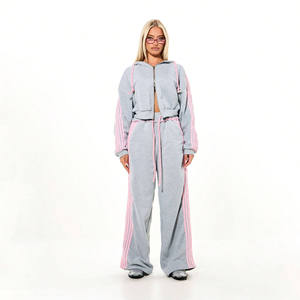 Ensemble de survêtement polaire gris rose pour femme, coupe ample, manches longues, avec pantalon de jogging décontracté, poches latérales et cordon de serrage - Product Image 2