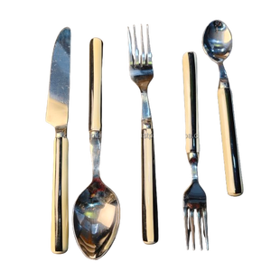 Ensemble de couverts minimaliste en émail crème, couverts modernes en acier inoxydable bicolore, design élégant, couteau, fourchette et cuillère à dîner - Product Image 1