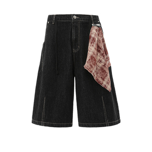 Shorts en jean unisexe American Vintage Rétro, coupe ample, style décontracté d'été, avec motif foulard carré color-block, tissé, coupe droite mi-longue - Product Image 1