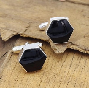 Ensemble de boutons de manchette et pince à cravate en onyx noir taillé en hexagone, argent sterling 925, accessoires de luxe pour hommes, garçons d'honneur, smoking, mariage, occasions formelles, cadeau - Product Image 1