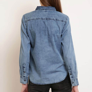 Camisa de Mezclilla para Mujer, Blusa de Manga Larga con Botones, Top Informal de Corte Regular, Azul, Elegante, con Bolsillos, Estampado, Transpirable, para Verano - Product Image 2