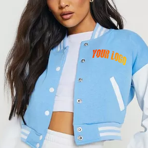 Custom Made Light Blue <b>White</b> Varsity <b>Jacket</b> Women's <b>Short</b> Sleeve Cropped Logo Print Autumn Wear Polyester wool - Product Image 4