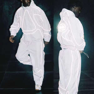 Ensemble de survêtement à capuche pour homme, blanc, imprimé géométrique lumineux, manches longues, fermeture éclair sur le devant, style sportif, léger, pour le printemps - Product Image 2