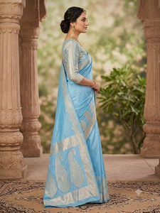 Light Blue BANARASI Silk <b>Saree</b> With Silver Zari Border And Paisley Design Traditional Indian Wedding Wear <b>For</b> <b>Women</b> - Product Image 2