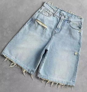 Wholesale Summer Unisex Hip Hop Ripped Hole Denim Shorts 100% Cotton Breathable <b>Black</b> Punk Wash Baggy Work Vintage Raw <b>Edge</b> - Product Image 3
