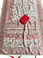 Pashmina en soie avec tissage jacquard en fil de Cachemire, motif floral Jal sur toute la surface avec bordure, pallu élégant et riche avec blouse