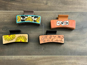 Stylish Handmade Western Tooled Leather Sunflower Hair Claw <b>Clips</b> Genuine Leather Claw Hair Accessories for Women's - Product Image 2