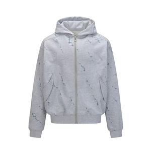 Sweat à capuche zippé vintage délavé pour homme, style streetwear, en molleton épais 100 % coton, brodé, coupe oversize, effet soleil éclairé - Product Image 1