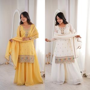 ชุดเสื้อผ้าซัลวาร์ผ้าไหมเนื้อนุ่มกรุบกรอบพร้อมผ้าคลุมไหล่สำเร็จรูปสำหรับผู้หญิงในโอกาสวันดิวาลี ทำจากวัสดุรีไซเคิล ป้องกันแสงแดด - Product Image 1