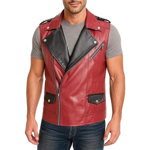 <b>Men's</b> <b>Red</b> Leather Look Moto <b>Vest</b> With Zipper Closure Turn-down Collar Casual Outerwear Solid Color Biker Style Windproof - Product Image 1