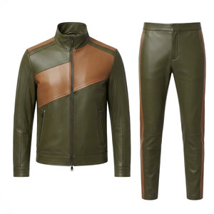 Sleek Two Piece Leather Set Featuring Long Sleeve <b>Track</b> <b>Jacket</b> And Matching Pants For Men Casual Sportswear - Product Image 1