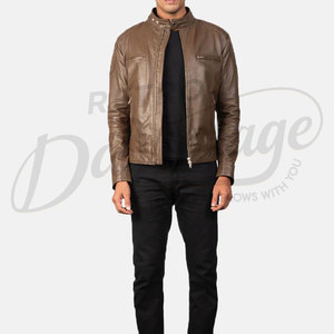 Veste en cuir véritable marron classique pour homme, style motard, coupe ajustée, épaules matelassées, col montant élégant, manteau d'hiver décontracté - Product Image 3