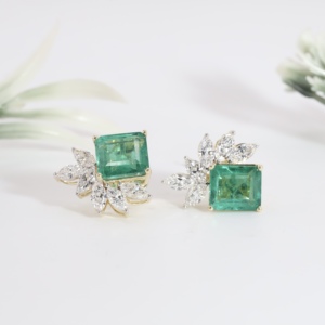 Pendientes de Oro Amarillo con Esmeralda Verde, Clásicos, con Diamantes de Corte Cuadrado, Cristal y Flores, Joyería Fina - Product Image 3