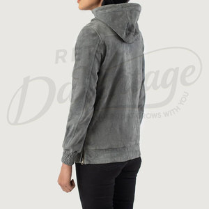 Veste Anorak Femme Grise en Cuir Daim Véritable, Coupe Slim, Capuche, Demi-Zip, en Daim de Chèvre Premium, Style Streetwear, Coupe-Vent - Product Image 2