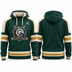 Sudadera con Capucha Personalizada Blackthorn para la Liga de Hockey sobre Hielo, Unisex, Manga Larga, Logotipo Bordado, Diseño a Rayas Verde Crema y Dorado, Corte Regular para Adultos - Product Image 4