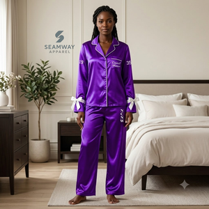 NCNW Sorority Women's Satin Pajama <b>Set</b> Long Sleeve Button-Up Embroidered Two <b>Piece</b> Sleepwear Purple With <b>White</b> Trim Lounge <b>Set</b> - Product Image 5
