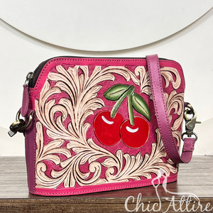 Bolsos de mano de diseño con motivos florales en relieve color rosa de moda, bolsos cruzados de cuero genuino estilo occidental para damas. - Product Image 1