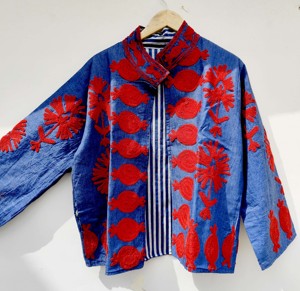 Breathable 100% Velvet Suzani Embroidered Floral Printed Jacket <b>Covered</b> <b>Button</b> Closure Full Sleeve for Women's Spring Autumn - Product Image 1