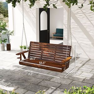 Dondolo a 3 posti in legno per veranda con portabicchieri e catene carbonizzate per patio e giardino - Product Image 3