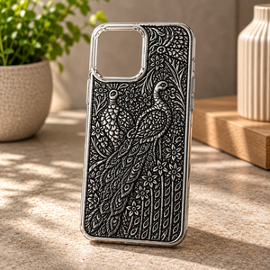 Étui de téléphone portable en argent sterling 925 de qualité supérieure, oxydé antique, gravé de motifs floraux de paon - Product Image 1