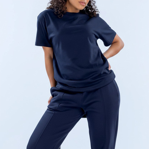 Camiseta de manga corta azul marino para mujer al por mayor, cuello redondo, ajuste regular, color liso, tejido de punto casual, hombro caído, transpirable - Product Image 6