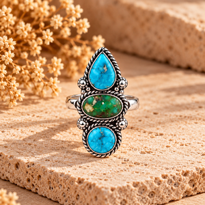 Blue Turquoise Green Turquoise 3 Stone <b>Ring</b> Oval Pear Round Gemstone Jewelry Western Boho Handmade <b>Statement</b> <b>Ring</b> - Product Image 6