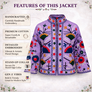 Chaqueta Bomber de Algodón con Bordado Kashmiri Hecho a Mano, Estilo Boho Floral con Cuello Alto para Mujer, Venta al Por Mayor - Product Image 3