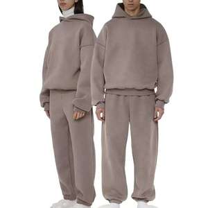 Survêtement unisexe gris à capuche 100% coton, couleur unie, coupe ample, décontracté, épaules tombantes, manches longues avec poches latérales, taille élastique - Product Image 1