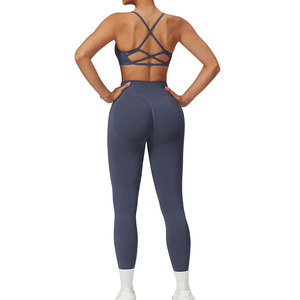 Conjunto de Yoga sin Costuras de 2 Piezas, Top Corto de Cintura Alta y Leggings Largos, Color Sólido, Espalda Cruzada, Ropa Deportiva para Mujer - Product Image 6