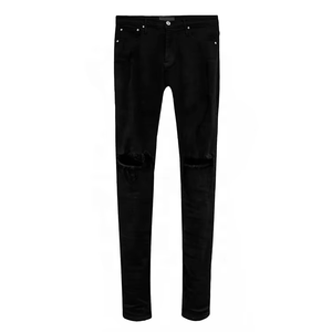 Jeans en denim noir et bleu déchirés à trous, coupe droite, tricotés, délavés moyennement, pour hommes, design de mode personnalisé, été - Product Image 1