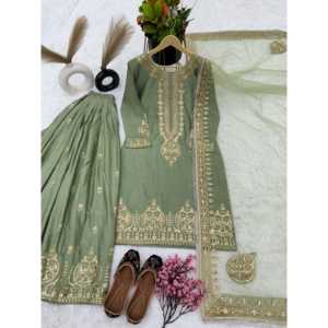 Conjunto de fiesta listo para usar XL Tamaño Totalmente cosido Top-Bottom y Dupatta Set para festividades - Product Image 3