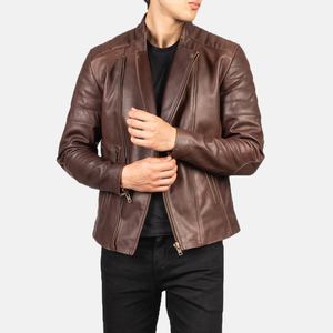 Men's Brown <b>Leather</b> Biker <b>Jacket</b> Stand Collar Zipper Closure Slim Fit Motorcycle Style Autumn Wear - Product Image 4
