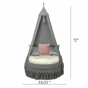 <b>Grey</b> & White Handmade Boho 72"x33" Cotton Macrame Hammock Hanging Swing Chair With Cushion And Pillows for Patio Balcony Bedroom - Product Image 5