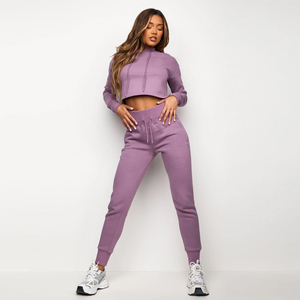 Custom Women High Quality Organic Cotton French Terry Full Zip up Cropped Hoodie and Sweatpants <b>Set</b> for Ladies Tracksuit - Product Image 1