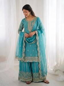 Designer Coding Embroidery And Sequence Work Fandy Silk <b>Top</b> With Plazzo And Dupatta Fully Stitched Ready To Wear Collection - Product Image 3