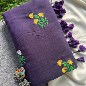 Sari traditionnel indien en coton Khadi, broderie florale en relief, anti-humidité, infroissable, pour femme, mariage, Diwali, toutes occasions - Product Image 1
